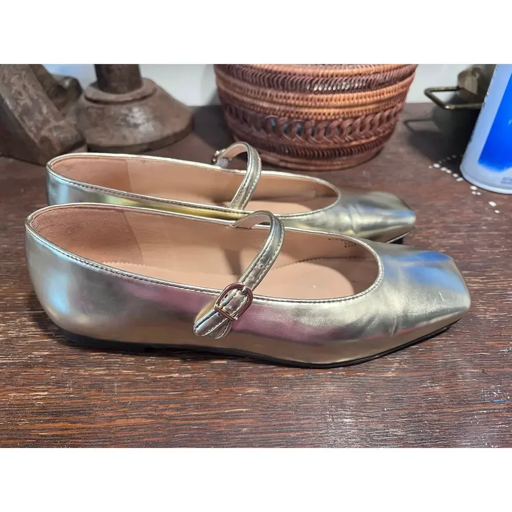J.Crew Square Toe Mary Jane Shoes - Metallic Soft Gold Ballerina Flats - Sz 7